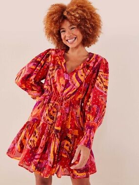 Farm Rio Banana Juice Print Cotton Red Orange Mini Dress, M
